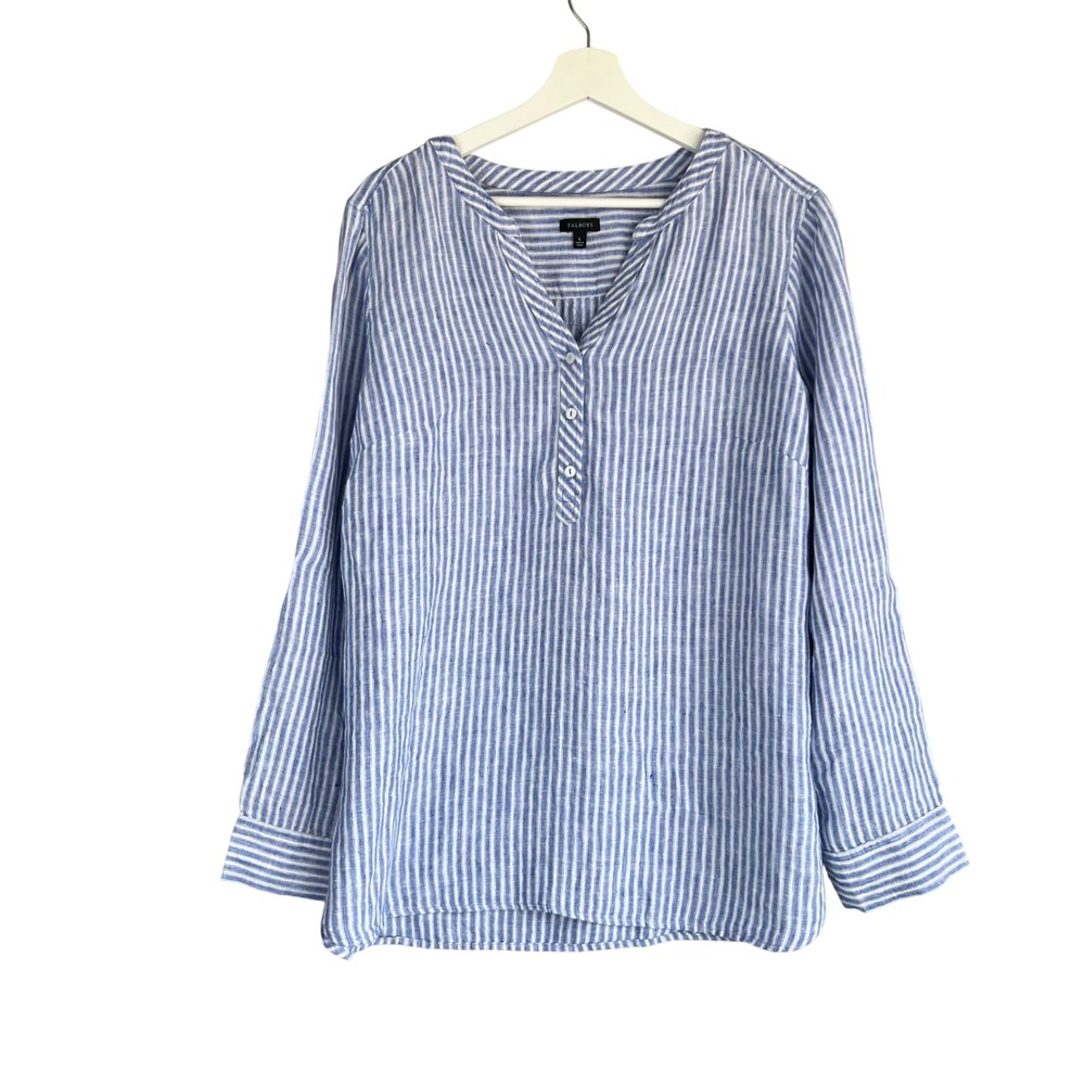 Talbots Womens Blue White Striped 100% Linen Tunic Henley Shirt Size L